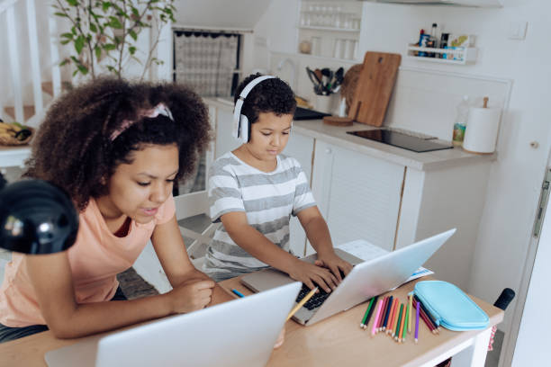 istock Brother and sister attending online teaching during Coronavirus quarantine 1290694351