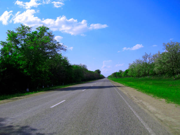 Wide highway and green forest. Clouds over and blue sky