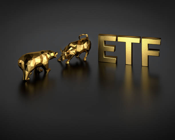 Exchange traded fund concept. A bull and bear besides the golden text ETF. Exchange traded fund concept. A bull and bear besides the golden text ETF. exchange traded fund stock pictures, royalty-free photos & images