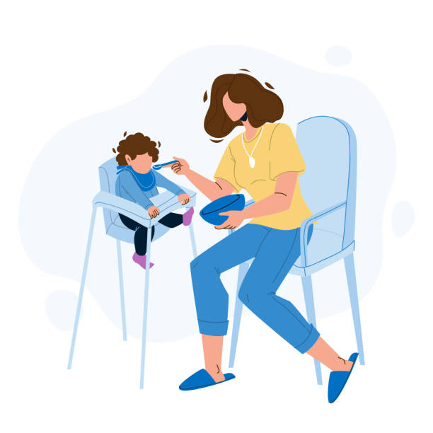 Baby Eating Food Breakfast With Appetite Vector Baby Eating Food Breakfast With Appetite Vector. Mother Feeding With Spoon Child Sitting In Highchair, Little Kid Eat Meal With Appetite. Characters Woman And Infant Flat Cartoon Illustration high chair stock illustrations