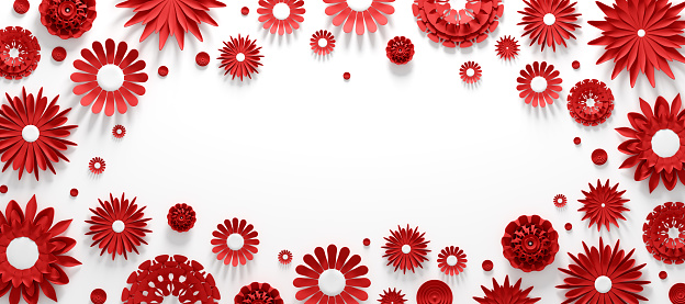 Red paper flowers on white background with empty space in the middle. Handmade decoration art. 3D illustration