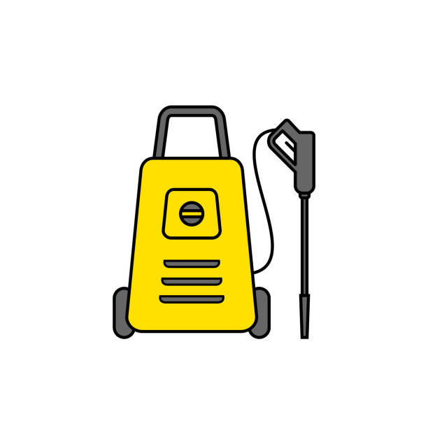High pressure washer icon. Disinfection concept. Power cleaner with spray gun. House cleaning tool. Car washing appliance. Color icon on white background. Vector illustration, flat, clip art. pistol clipart stock illustrations