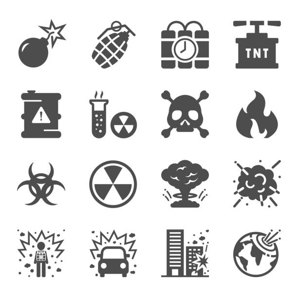 explosions- und bombensymbol-set - hand grenade stock-grafiken, -clipart, -cartoons und -symbole