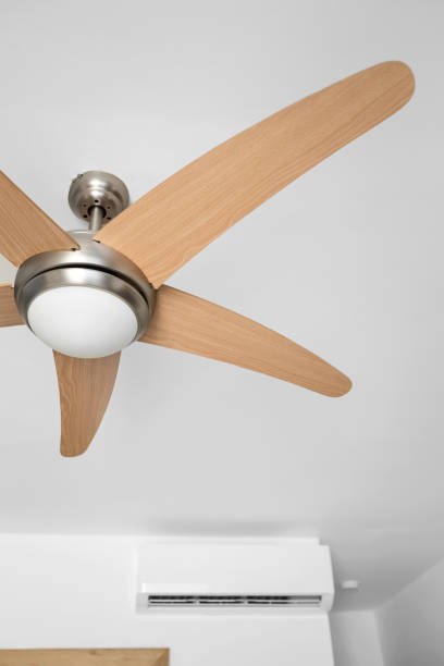 istock Flat air conditioner on white wall and ventilator fan in room 1290698104