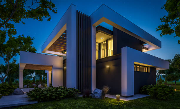 istock 3d rendering of modern house in luxurious style in night 1290700636