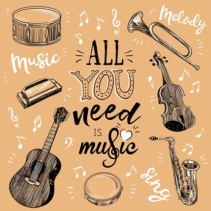International Music Day. Vector musical instrument set. Illustration of guitar, trumpet, tambourine, saxophone, drum, violin, harmonic, notes, treble clef
