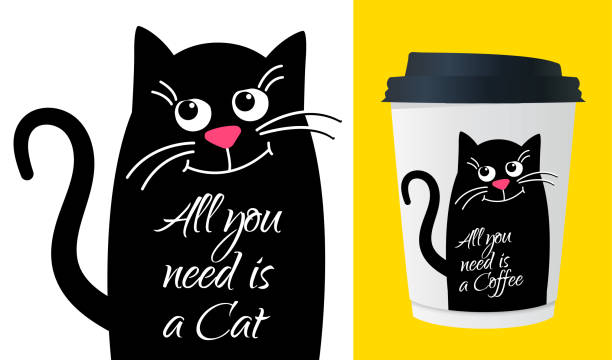 Dreamy Cute cat with text. All need is a cat. Kawaii black cat. Dreamy Cute cat with text. All need is a cat. Kawaii black cat. Vector cartoon Illustration in flat. For printing on cup, t-shirts or Greeting card. cat muzzle meowing cartoon stock illustrations