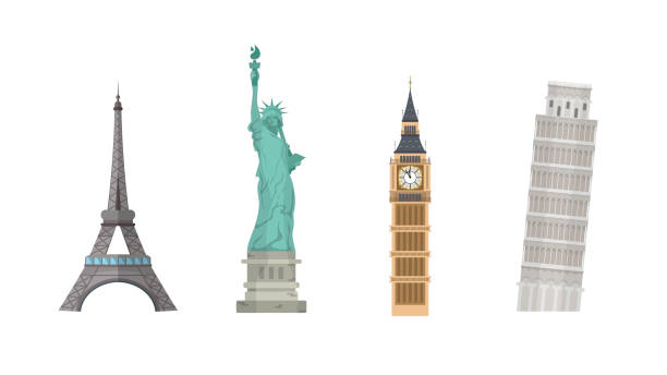illustrazioni stock, clip art, cartoni animati e icone di tendenza di set di monumenti del mondo isolati su uno sfondo bianco. torre eiffel, statua della libertà, torre pendente di pisa e big ben. - big-ben