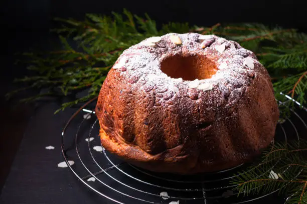 Food Concept homemade Gugelhupf, Guglhupf, Kugelhopf, kouglof bundt yeast cake of Central Europe on black background