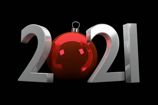 Front view shiny 2021 numbers with red Christmas ball on the black background 3D rendering