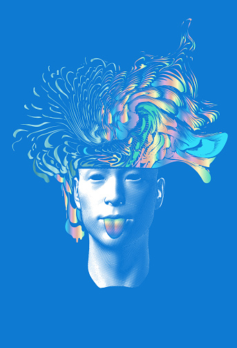 Abstract engraved vintage drawing of human head stick out tongue with colorful rainbow brain splash explode outside vector illustration isolated on deep blue background