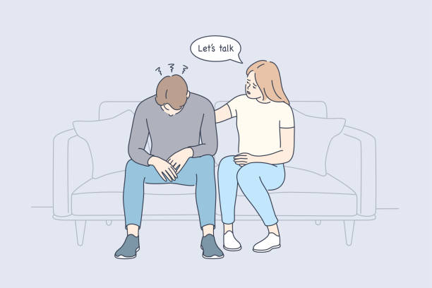 Support, mental depression, suicide prevention day concept Support, mental depression, suicide prevention day concept. Young caring woman cartoon character sitting on sofa, touching shoulder of depressed man and trying to help or support him illustration suicide stock illustrations
