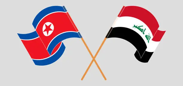 Vector illustration of Crossed and waving flags of North Korea and Iraq