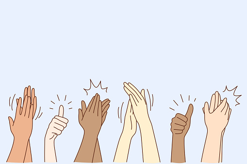 Cheering, ovation, applauding concept. Hands of various people male or female showing thumbs up, applauding, supporting somebody or cheering by gesture vector illustration