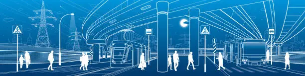 Vector illustration of Town scene. Automobile bridge, overpass. Passengers get off the bus and tram. Night city on background. City transport. Power line. Outline vector infrastructure illustration. White outline sketch.