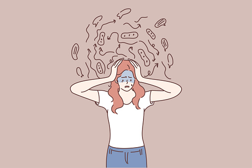 Mental chaos, frustration, anxiety concept. Frustrated woman cartoon character touching head and feeling anxiety, stress and disorder in thoughts and having brain problems illustration