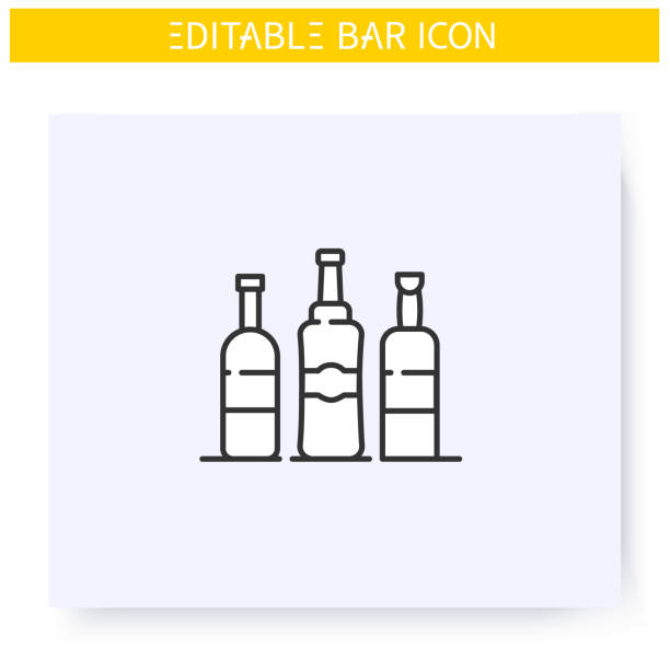 Alcohol bottles line icon. Editable illustration Alcohol bottles line icon. Party drinks. Restaurant, bar menu. Wine, whiskey, tequila or vodka bottles. Cocktail party and drinking establishment concept. Isolated vector illustration.Editable stroke bar drink establishment illustrations stock illustrations