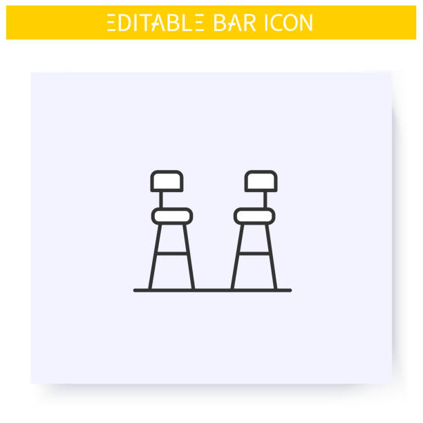 Bar chairs line icon. Editable illustration Bar chairs line icon. Tall stools. Pub, diner, coffee shop, restaurant interior, furniture. Cocktail party and drinking establishment concept. Isolated vector illustration. Editable stroke bar drink establishment illustrations stock illustrations