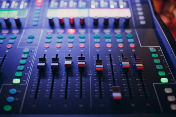istock Mixing console, hand equalizing audio sound channels in night club 1290713895
