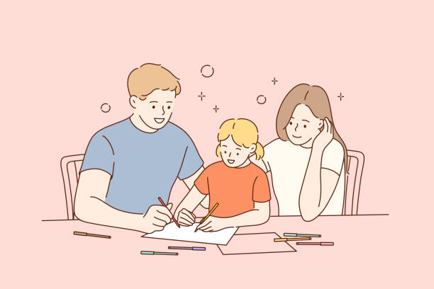 People spending time together with favourite hobby concept Happy Mother, father and small daughter enjoying painting with pencils at home together. Young family drawing picture on paper. People spending time together with favourite hobby concept girl sitting in chair drawing stock illustrations
