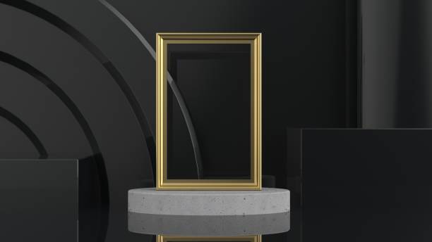 istock Golden picture frame mockup on black background 3d rendering illustration 1290714415
