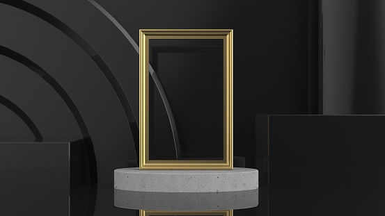 Golden metal picture frame mockup on white marble ellipse stage with cube cylindre and oval podium on soft black background 3d rendering illustration