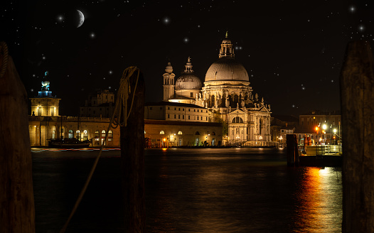 Basilica of Santa Maria della Salute. Venice Night photo, under a starry sky.