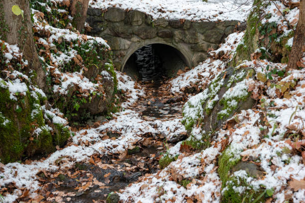 istock Old stone bridge over small water stream in the winter forest scene 1290714644