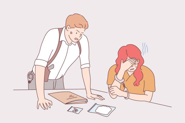 Interrogation of suspected person concept Interrogation of suspected person concept. Furious man police officer investigator cartoon character with gun standing and interrogating sitting depressed woman suspect vector illustration interrogation woman stock illustrations