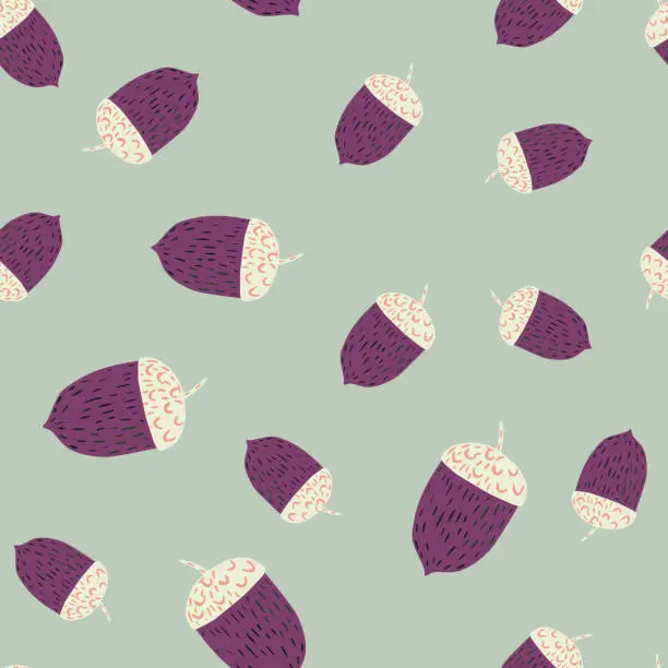 Vector illustration of Random seamless nature pattern with purple and white colores acorn shapes. Light pastel background.