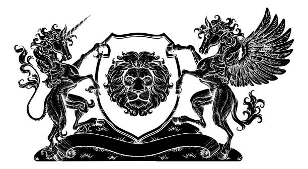 ilustraciones, imágenes clip art, dibujos animados e iconos de stock de escudo de armas cresta pegasus unicornio escudo de león - mythology horse pegasus black and white