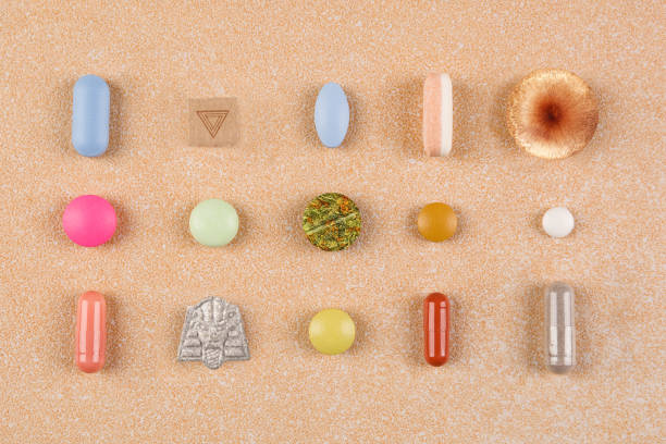 Medication collection. Various colorful drugs, pills and tablets. Pharmaceutical and natural medicine. Medication collection flat lay. Psychedelics, cannabis, medical marijuana, magic mushrooms, lsd blotter, mdma ecstasy and various colorfull pills top view. amanita muscaria stock pictures, royalty-free photos & images