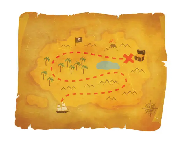 Vector illustration of Pirate Hidden Treasure Hunt Vintage Map Chest of Gold
