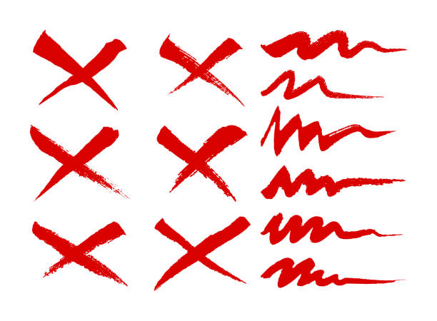 Crossed Out X mark Squiggle Hand Drawn Editing Symbols Crossed lines x mark hand drawn lines and red editing squiggles. underline illustrations stock illustrations
