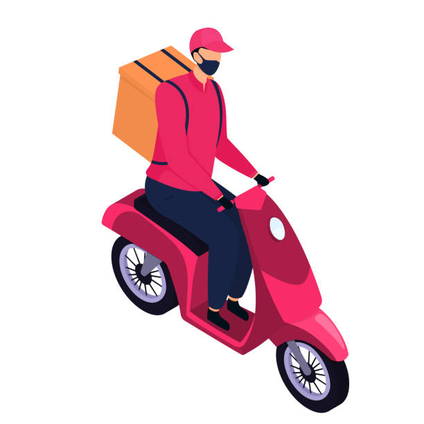 isometrischer zusteller in einer schutzmaske, die pakete mit einem motorrad liefert - lastenrad stock-grafiken, -clipart, -cartoons und -symbole