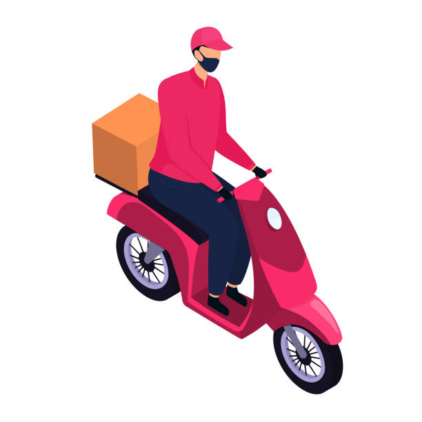 istock Isometric delivery man in a protective mask delivering parcels by a motorbike 1290723698