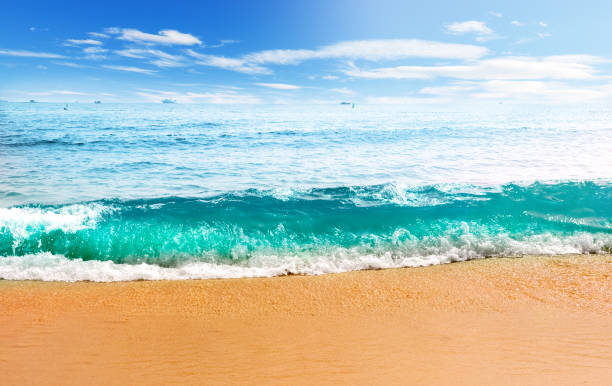 istock Turquoise sea wave on sandy shore and beautiful sky 1290723727