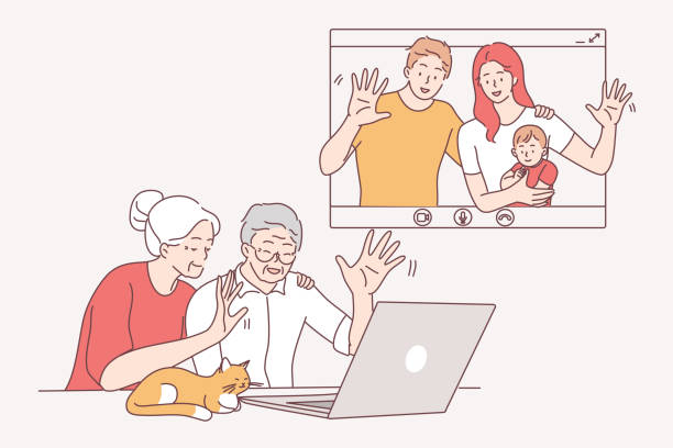 Online communication, video call and distant meeting concept Online communication, video call and distant meeting concept. Children and grandchildren chatting with elderly relatives online on laptops having family meeting remotely illustration family internet stock illustrations