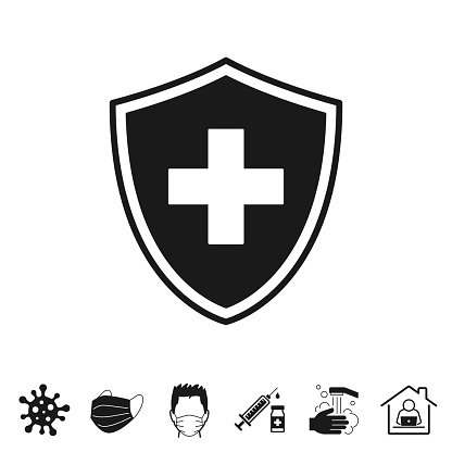 Health protection shield. Trendy icon isolated on white and blank background for your design. Includes 6 popular icons: - Coronavirus cell (COVID-19), - Medical or surgical face mask, - Man in medical face protection mask, - Vaccination - Syringe and vaccine vial, - Washing hands with soap and water, - Work from home. Vector Illustration (EPS10, well layered and grouped), easy to edit, manipulate, resize or colorize. And Jpeg file of different sizes.