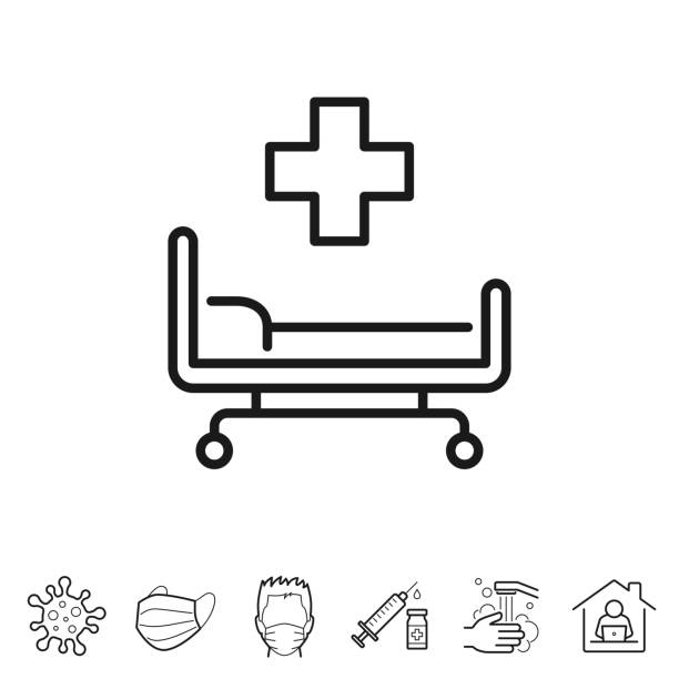 Hospital bed. Line icon - Editable stroke Hospital bed. Trendy icon isolated on white and blank background for your design. Includes 6 popular icons: - Coronavirus cell (COVID-19), - Medical or surgical face mask, - Man in medical face protection mask, - Vaccination - Syringe and vaccine vial, - Washing hands with soap and water, - Work from home. Vector Illustration (EPS10, well layered and grouped), easy to edit, manipulate, resize or colorize. And Jpeg file of different sizes. intensive care unit stock illustrations
