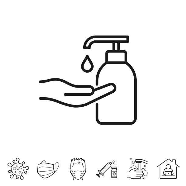 ilustrações de stock, clip art, desenhos animados e ícones de hand sanitizer use for disinfection. line icon - editable stroke - hand sanitizer liquid soap hygiene healthy lifestyle