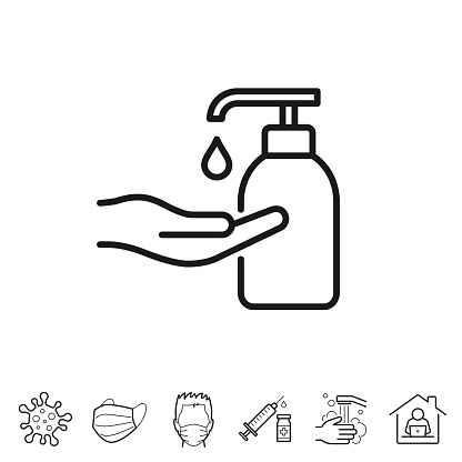 Hand sanitizer use for disinfection. Trendy icon isolated on white and blank background for your design. Includes 6 popular icons: - Coronavirus cell (COVID-19), - Medical or surgical face mask, - Man in medical face protection mask, - Vaccination - Syringe and vaccine vial, - Washing hands with soap and water, - Work from home. Vector Illustration (EPS10, well layered and grouped), easy to edit, manipulate, resize or colorize. And Jpeg file of different sizes.