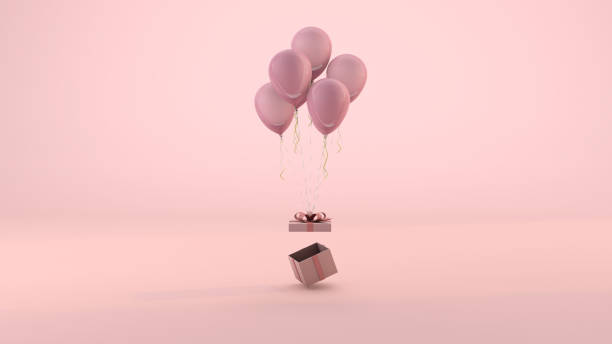 istock Pink present box floating by balloons on pastel background. 3D Render 1290726790