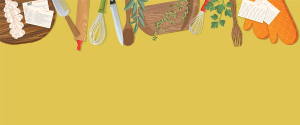 ilustrações de stock, clip art, desenhos animados e ícones de food cooking flat lay on colourful background - cutting board cooking wood backgrounds