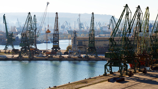 cargo cranes in the seaport of Varna, Bulgaria.