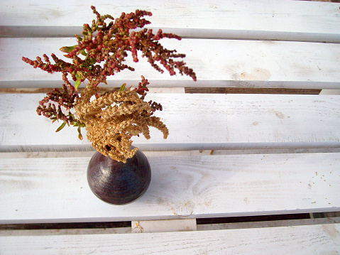 ikebana, autumn flowers in a small vase on a white wooden background