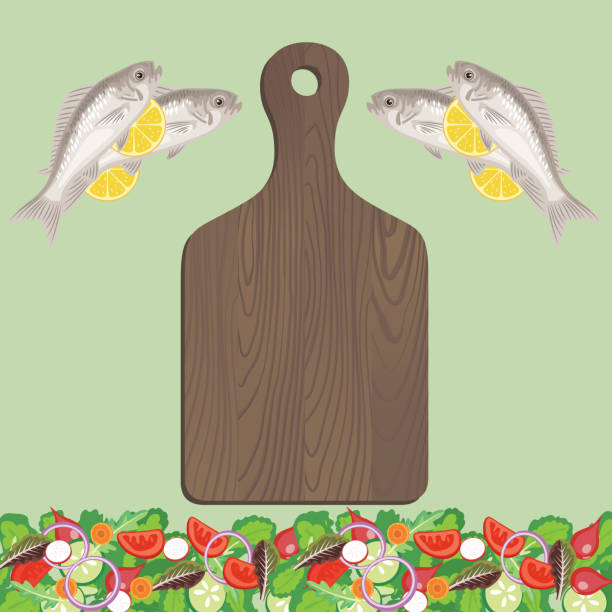 ilustraciones, imágenes clip art, dibujos animados e iconos de stock de cocinar con pescado plano yacía sobre fondo verde - backgrounds brown close up cooking
