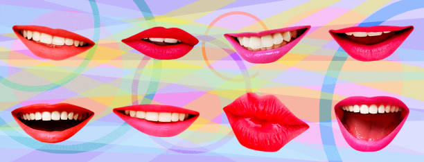 istock Collage of several female lips in red and pink. Bright multi-colored background. 1290734715