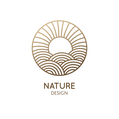 Sun logo template. Vector linear round icon of sea landscape with waves, lights of a sun. Minimal logotype for business emblems, badge for a travel, tourism and ecology concept, health and yoga Center