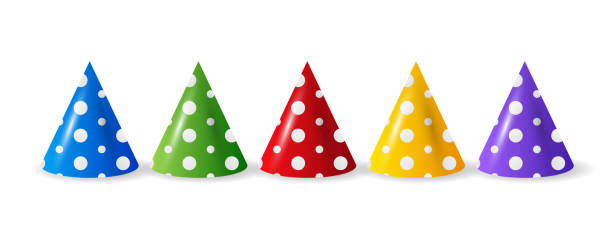 istock Cartoon illustration with different birthday hat on white background for any purpose. Birthday hat in realistic style on blue background. Festive set isolated. 1290736149